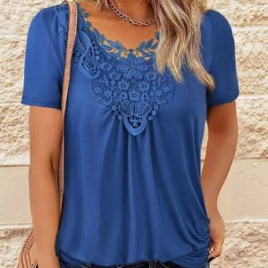 Lace Casual Crew Neck Plain T-Shirt, T-Shirts, color:Blue|size:XXL, JustFashionNow