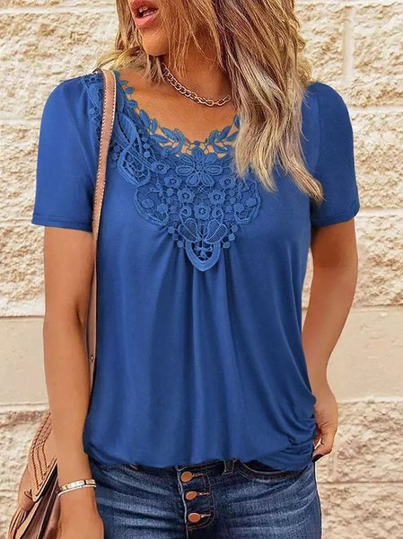 Lace Casual Crew Neck Plain T-Shirt, T-Shirts, color:Blue|size:XXL, JustFashionNow