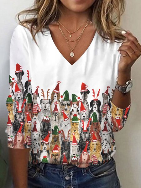 Animal Loose Casual V Neck T-Shirt, T-Shirts, color:White|size:XXL, JustFashionNow