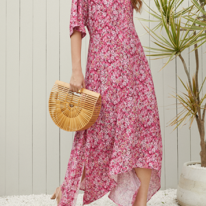 Floral V Neck Casual Dress, Dresses, color:Green|size:XXL, JustFashionNow