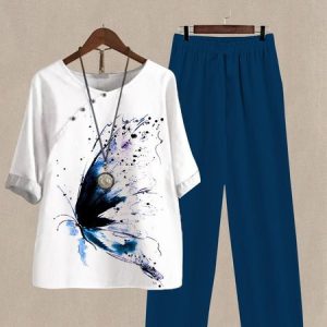 Butterfly Loose Casual Two-Piece Set, Suit Set, color:Dark Blue|size:XXL, JustFashionNow