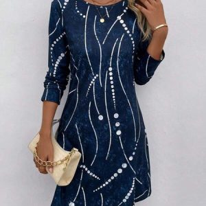 Loose Crew Neck Floral Casual Dress, Dresses, color:Dark Blue|size:XXL, JustFashionNow