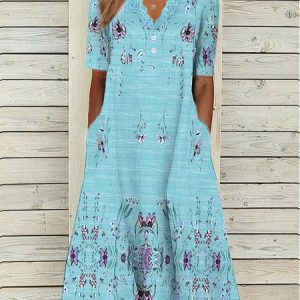 JFN V Neck Floral Casual Midi Dresses, Dresses, color:Blue|size:XXL, JustFashionNow