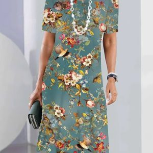 Elegant Crew Neck Floral And Bird Dress, Dresses, color:Green|size:XXL, JustFashionNow