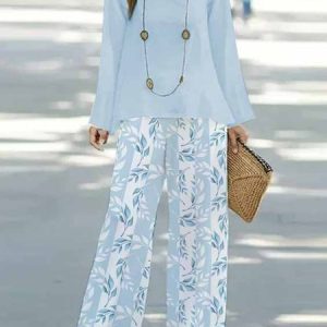 Crew Neck Floral Casual Loose Two-Piece Set, Suit Set, color:Light Blue|size:XXL, JustFashionNow