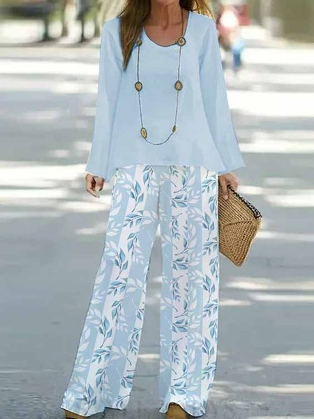 Crew Neck Floral Casual Loose Two-Piece Set, Suit Set, color:Light Blue|size:XXL, JustFashionNow