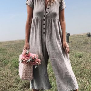 Solid Short Sleeve Jumpsuits, Jumpsuitsпј†Rompers, color:Grey|size:5XL, JustFashionNow