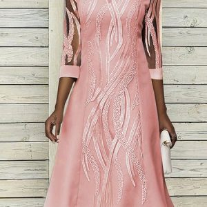 Women Lace Notched Neck Half Sleeve Formal Elegant Midi Dress Wedding Guest Dress, Formal Dresses, color:Pink|size:XXL, JustFashionNow