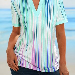 Loosen Ombre V Neck Short Sleeve Tops, Shirts & Blouses, color:Blue|size:XXL, JustFashionNow