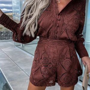Shawl Collar Casual Lace Two-Piece Set, Suit Set, color:Coffee|size:XL, JustFashionNow