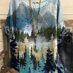 JFN Crew Neck Ombre Landscape Print Casual Top, Shirts & Blouses, color:Multicolor|size:XXL, JustFashionNow