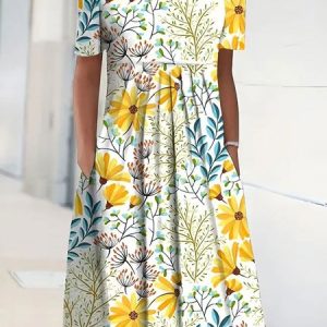 Vacation Floral Regular Fit Cotton Blends Short Sleeve Knit Dress, Midi Dresses, Roselinlin - Online Catalog
