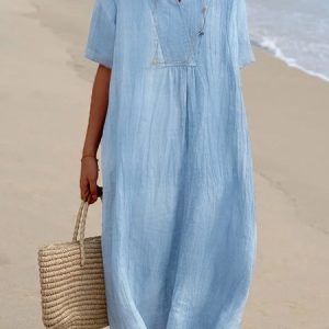 JFN Cotton & Linen Plain Loose Dress, Dresses, color:Blue|size:XXL, JustFashionNow