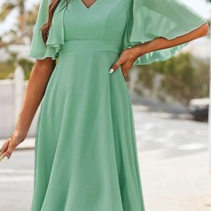 Elegant V Neck Regular Fit Plain Dress, Dresses, color:Green|size:XXL, JustFashionNow