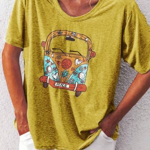 Linen Loose Short-Sleeved Top, T-Shirts, color:Yellow|size:5XL, JustFashionNow