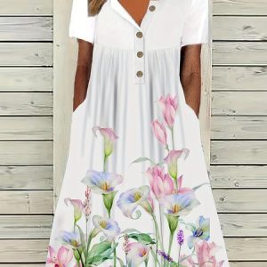 Elegant Crew Neck Floral Dress, Dresses, color:White|size:XXL, JustFashionNow
