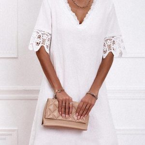 Elegant Plain Lace Panel Loose Dresses, Dresses, color:White|size:XXL, JustFashionNow