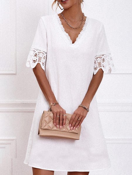 Elegant Plain Lace Panel Loose Dresses, Dresses, color:White|size:XXL, JustFashionNow