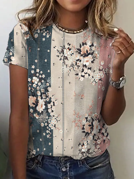 JFN Crew Neck Floral Casual T-Shirt/Tee, T-Shirts, color:Multicolor|size:XXL, JustFashionNow