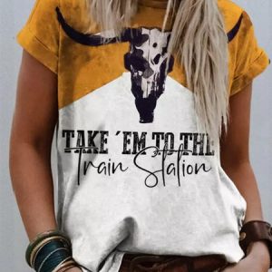 Cattle Crew Neck Ethnic T-Shirt, T-Shirts, color:Yellow|size:XXL, JustFashionNow