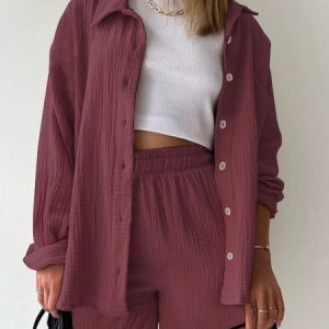 Cotton And Linen Casual Two-Piece Set, Suit Set, color:Coffee|size:XL, JustFashionNow