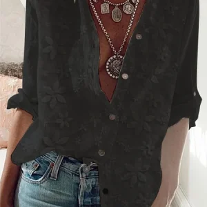 JFN Cotton & Linen Lace Stitching Long Sleeve Shirt, Shirts & Blouses, color:Black|size:XXL, JustFashionNow