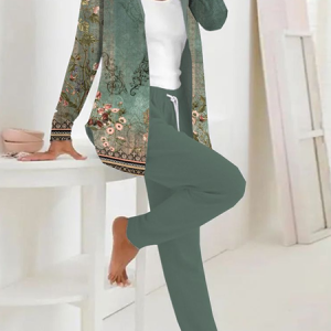 Loose Floral Casual Two-Piece Set, Suit Set, color:Green|size:XXL, JustFashionNow