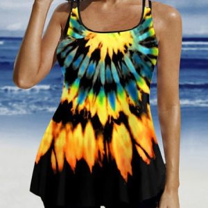 Casual Abstract Printing Scoop Neck Swim Dress, swimwear>>Tankinis, color:Black|size:XXL, JustFashionNow