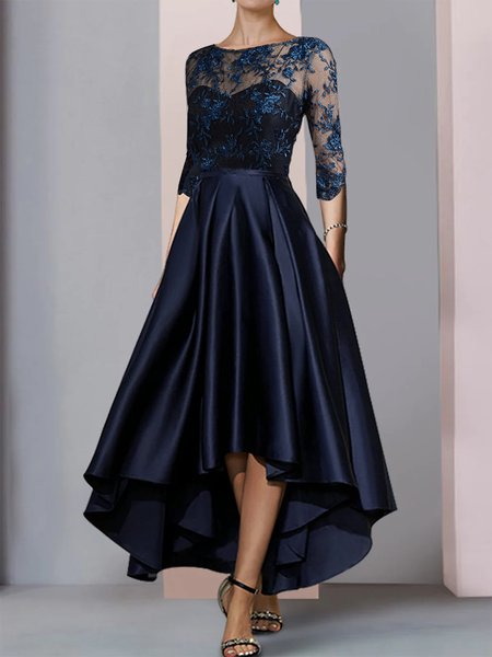Elegant Lace Plain Boat Neck Dress Wedding Dress, Formal Dresses, color:Dark Blue|size:XXL, JustFashionNow