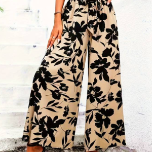 Loose Elegant Floral Wide leg Pants, Pants, color:Khaki|size:XXL, JustFashionNow