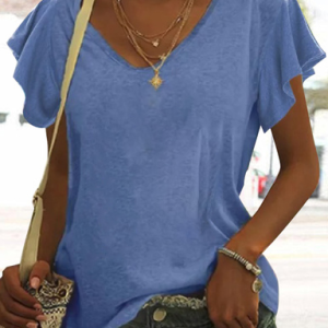 JFN V Neck Basic Plain Rufled Sleeves Casual T-Shirt/Tee, Shirts & Blouses, color:Blue|size:XXL, JustFashionNow