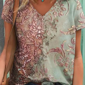 JFN V Neck Ethnic Tribal Casual Regular Fit ShortSsleeve T-Shirt/Tee, T-Shirts, color:Multicolor|size:XXL, JustFashionNow