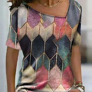 JFN Asymmetrical Neck Geometric Regular Fit Cotton Short Sleeve T-shirt/Tee, T-Shirts, color:Multicolor|size:3XL, JustFashionNow