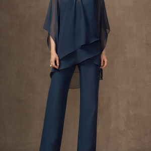 Plain Elegant Crew Neck Loose Urban Two-Piece Set, Suit Set, color:Navyblue|size:XXL, JustFashionNow