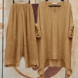 JFN V Neck Cotton Linen Texture Loose Basic Simple Two Pieces, Suit Set, color:Camel|size:XXL, JustFashionNow