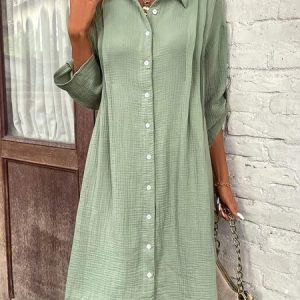 Buttoned Casual Plain Shirt Dress, Dresses, color:Green|size:XXL, JustFashionNow