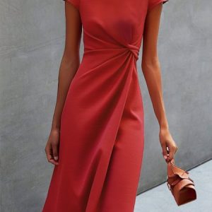 Women Plain Crew Neck Short Sleeve Comfy Elegant Midi Dress, Midi, color:Red|size:XXL, catalog Noracora shop