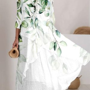 V Neck Vacation Buttoned Leaf Dress, Dresses, color:Green|size:XXL, JustFashionNow