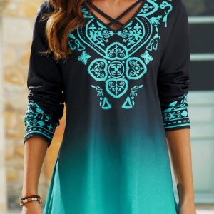 JFN V Neck Ombre Ethnic Loose Long Sleeve Top, Shirts & Blouses, color:Blue|size:XXL, JustFashionNow