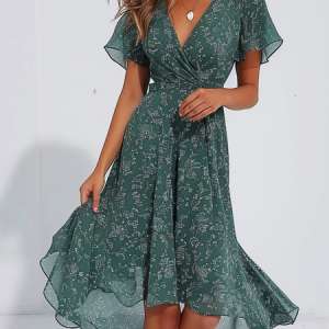 V Neck Regular Fit Floral Elegant Dress With No, Dresses, color:Green|size:XXL, JustFashionNow
