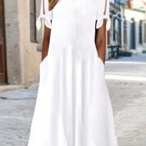 JFN Round Neck Solid Casual Midi Dress, Dresses, color:White|size:XXL, JustFashionNow