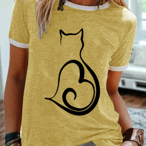 Women's Lover Cat Heart  Crew Neck Simple T-Shirt, T-Shirts, color:Yellow|size:3XL, JustFashionNow