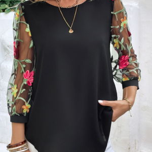 Lace Loose Casual Plain Blouse, JustFashionNow Blouses, color:Black|size:XXL,