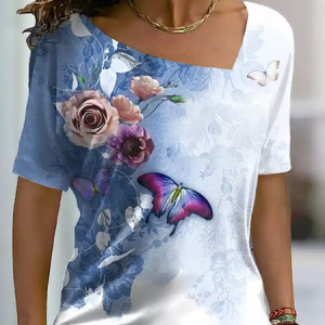 Regular Fit Asymmetrical Casual Butterfly T-Shirt, T-Shirts, color:Blue|size:XXL, JustFashionNow