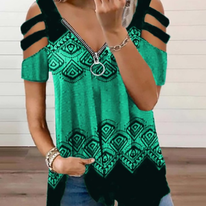 JFN V Neck Cold Shoulders Tribal Casual Tunic Top, T-Shirts, color:Green|size:XXL, JustFashionNow