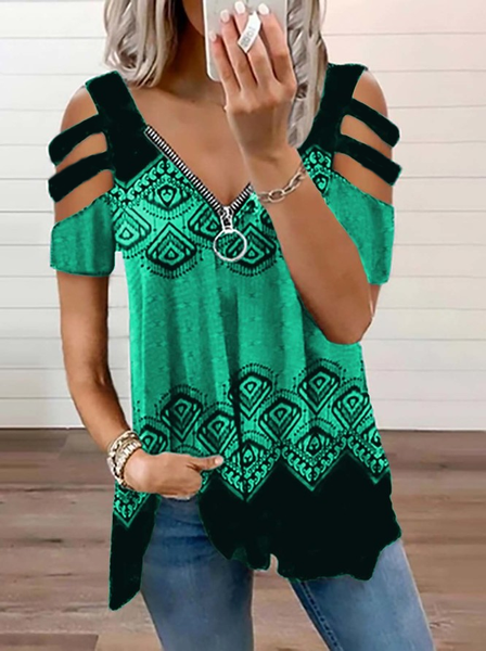 JFN V Neck Cold Shoulders Tribal Casual Tunic Top, T-Shirts, color:Green|size:XXL, JustFashionNow