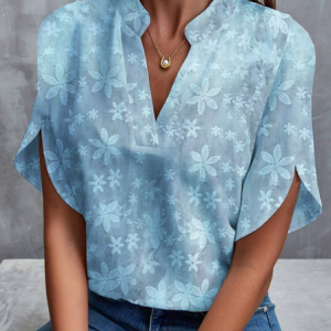 Simple Loose Plain V Neck Shirt, Shirts & Blouses, color:Blue|size:XXL, JustFashionNow