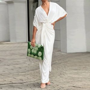 V Neck Plain Elegant Two-Piece Set, Suit Set, color:White|size:3XL, JustFashionNow