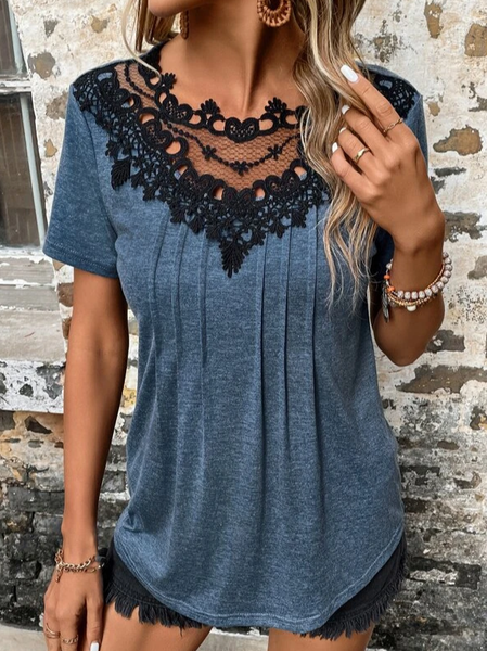 Plain Lace Edge V Neck Casual T-Shirt, T-Shirts, color:Blue|size:XXL, JustFashionNow