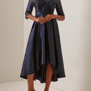 Elegant Lace Plain Boat Neck Dress, Dresses, color:Dark Blue|size:XXL, JustFashionNow